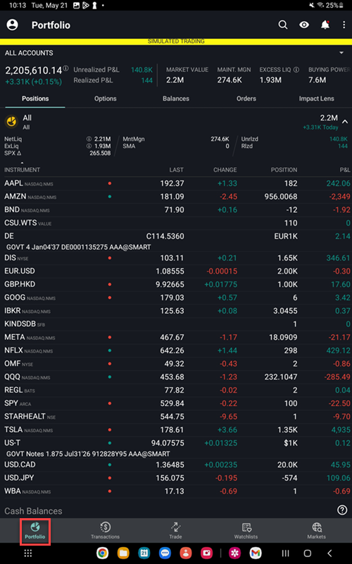 The portfolio details on the Android Tablet